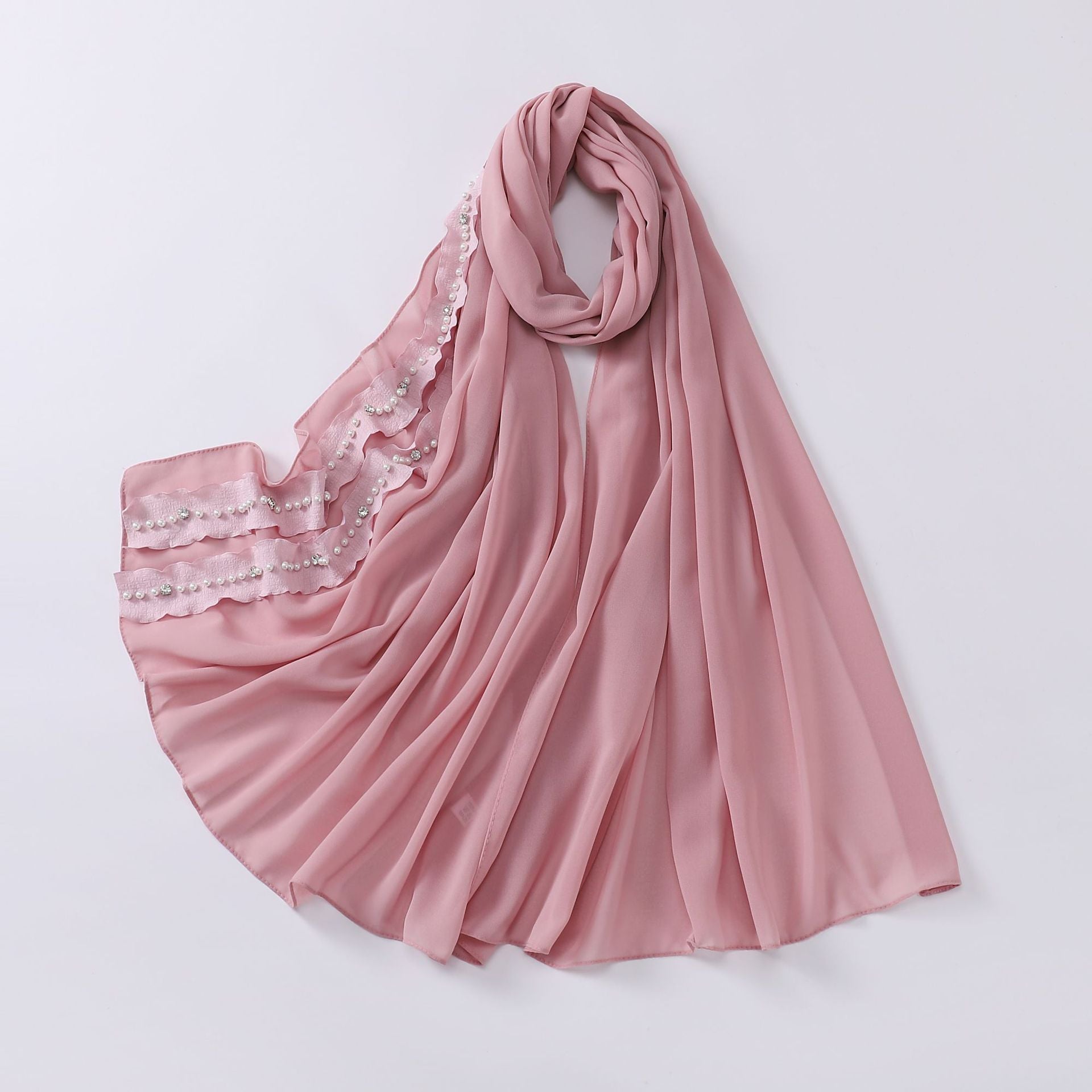 New solid color pearl chiffon lotus leaf lace bead nailed diamond scarf Middle East headscarf  scarf Malay Baotou