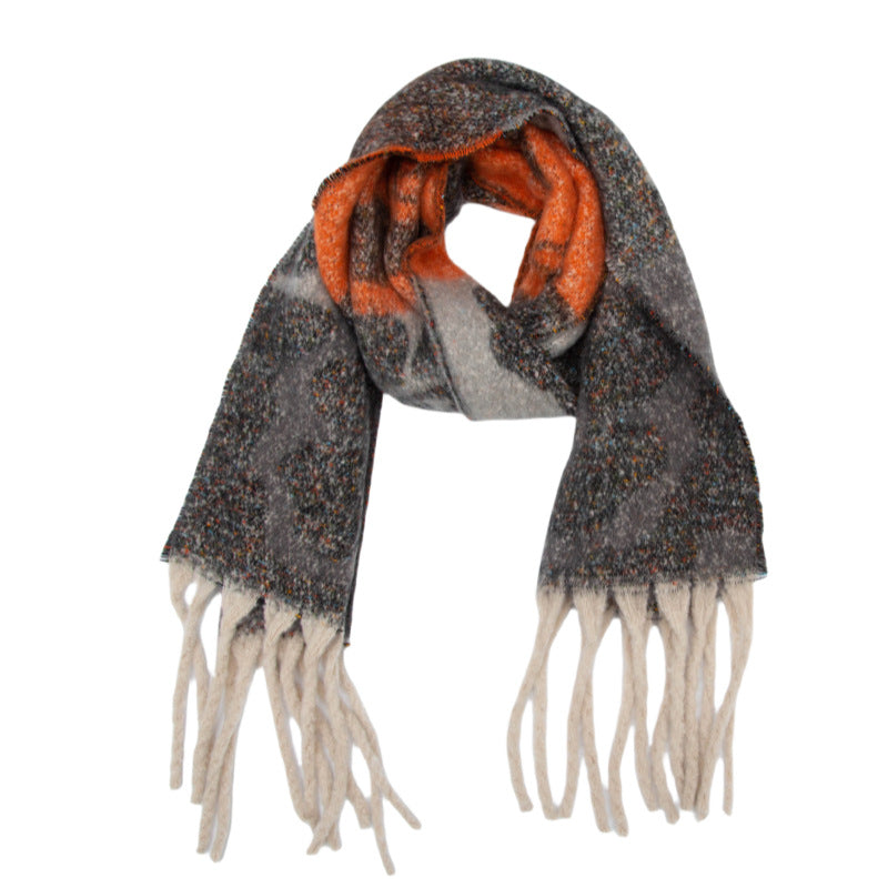 European, American autumn and winter new loop yarn imitation mohair jacquard four-leaf flower scarf