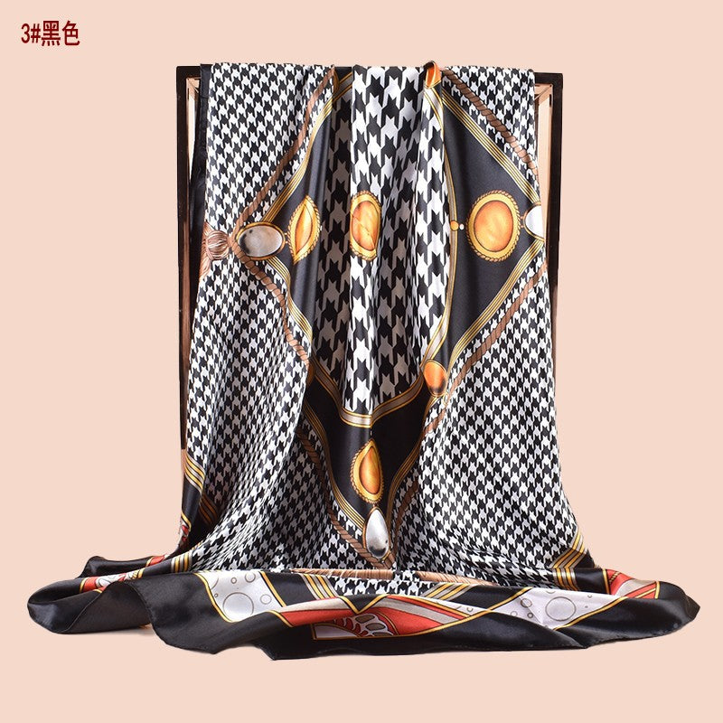 Spring new large shawl simulation silk thousand bird grid printing silk scarf head scarf 90-color diced large square scarf