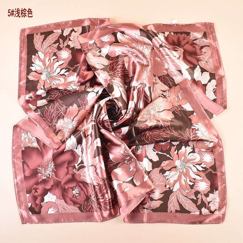 Spring new sweet flower simulation silk printing silk scarf head scarf 90 color diced light luxury square scarf