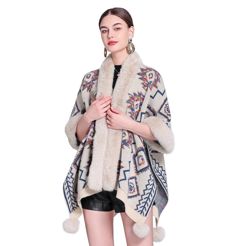 Autumn and winter new ethnic style hairball cape cape cape with jacquard loose knitted cardigan jacket women