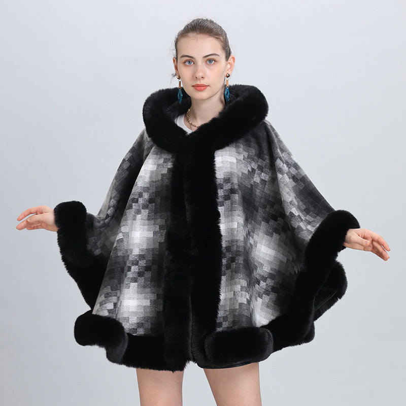European and American autumn and winter fashion new cape shawl piled thickened plaid fur collar hooded scarf shawl cape 0985