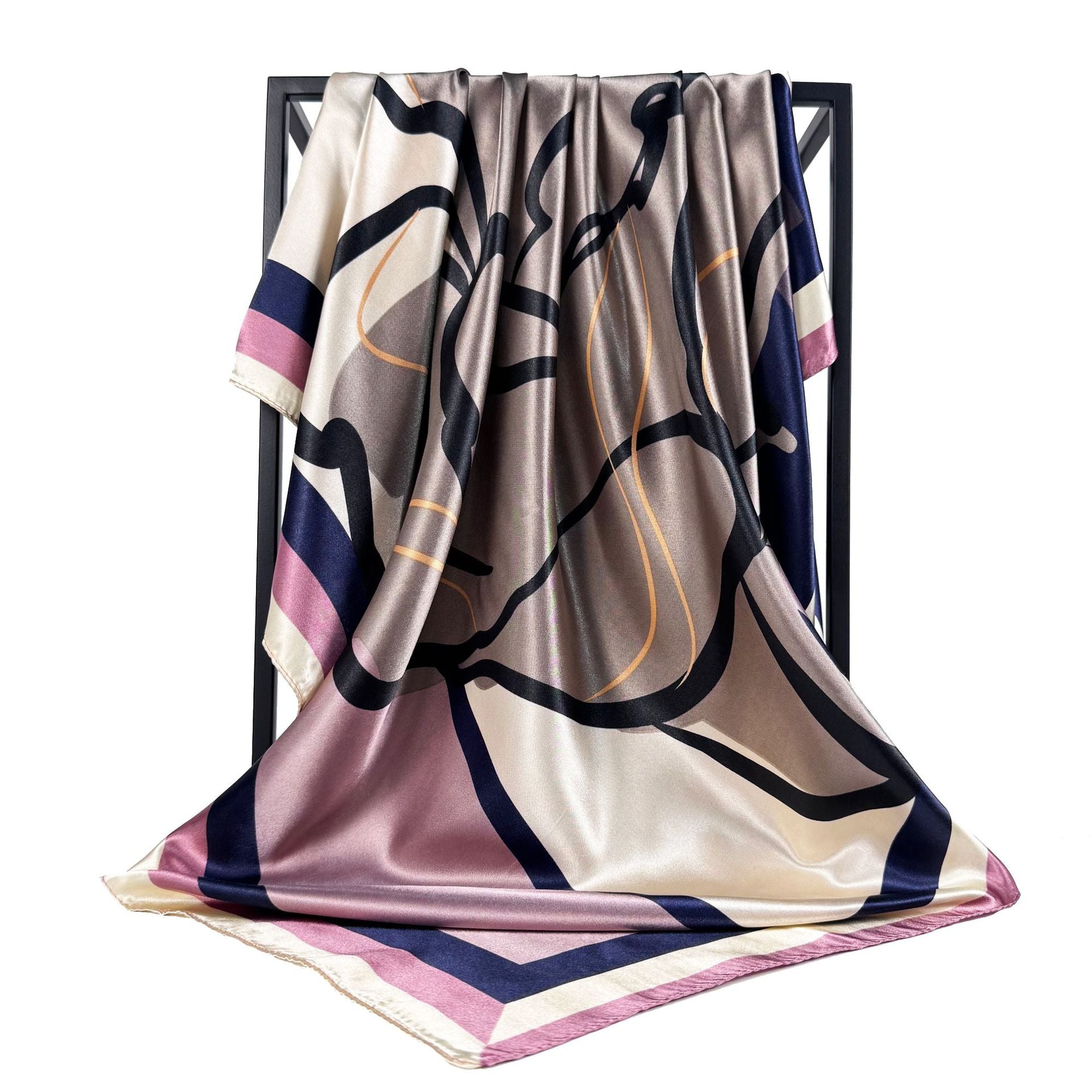 Simple and versatile abstract painting geometric line silk scarf 90cm large square scarf, elegant temperament women's bag head scarf