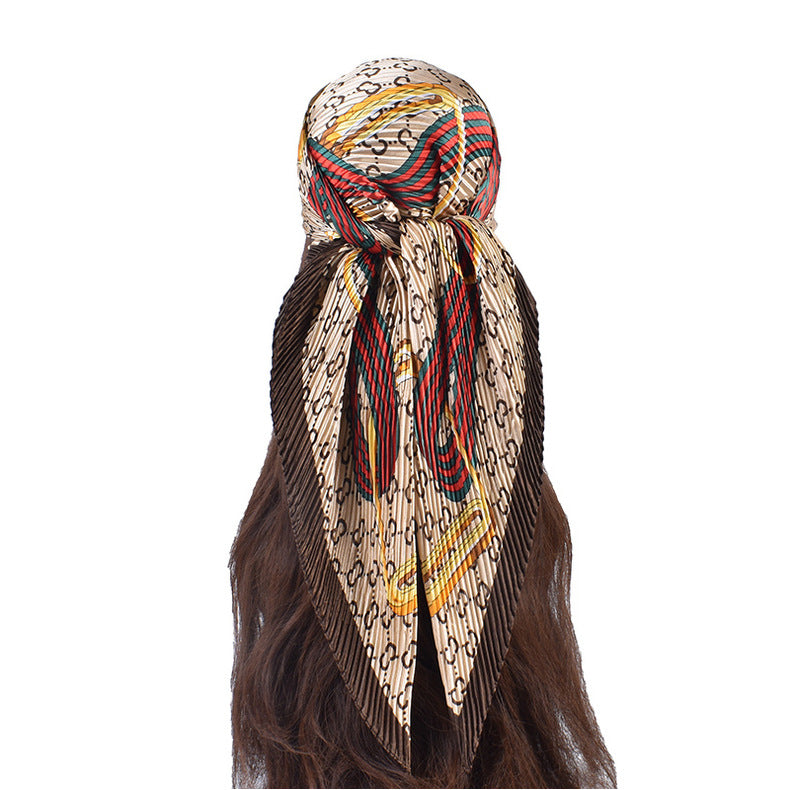 New French chain ring pattern printed pleated 90-color large square towel, head towel simulation silk