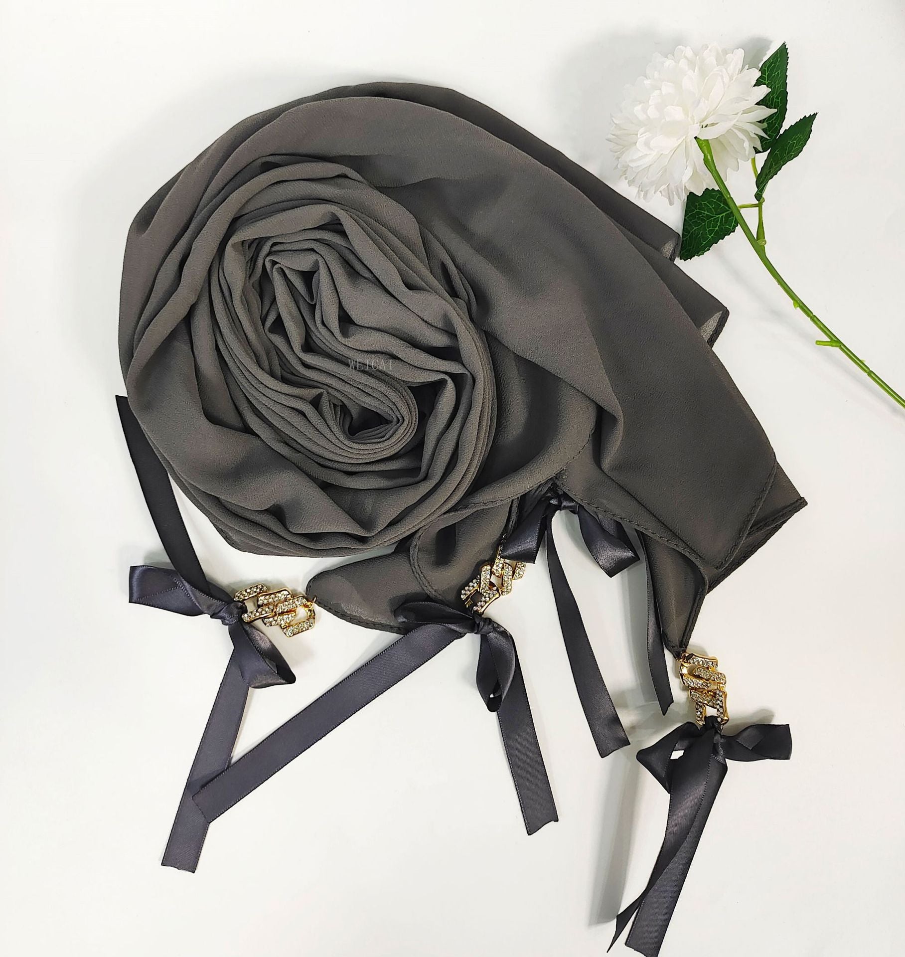 New ins fashion monochrome pearl chiffon diamond jewelry bow tassel  bag headscarf hijab