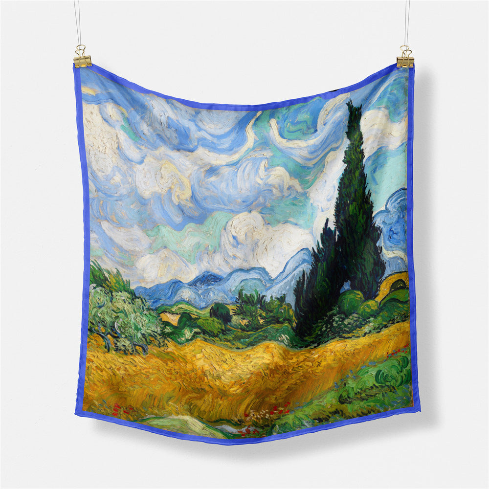 Fashion Van Gogh art oil painting 53cm small square scarf, twill silk imitation silk women's scarf, headband