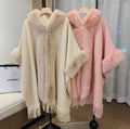 Autumn and winter new velvet thickened fur collar hooded fringed knitted woolen cape jacket 0878 #
