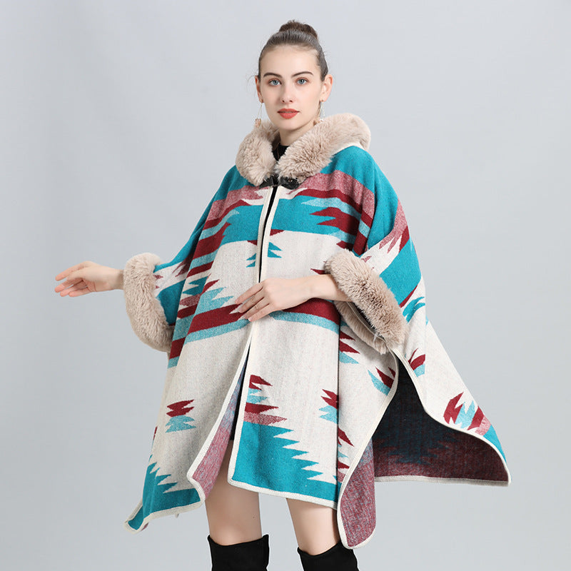 European and American autumn and winter new large size loose cloak imitation fur collar jacquard knitted cardigan shawl cloak jacket 0967 #