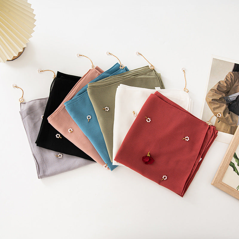 New pearl chiffon flower pearl scarf yarn scarf 90CM square scarf Middle East and Africa headscarf