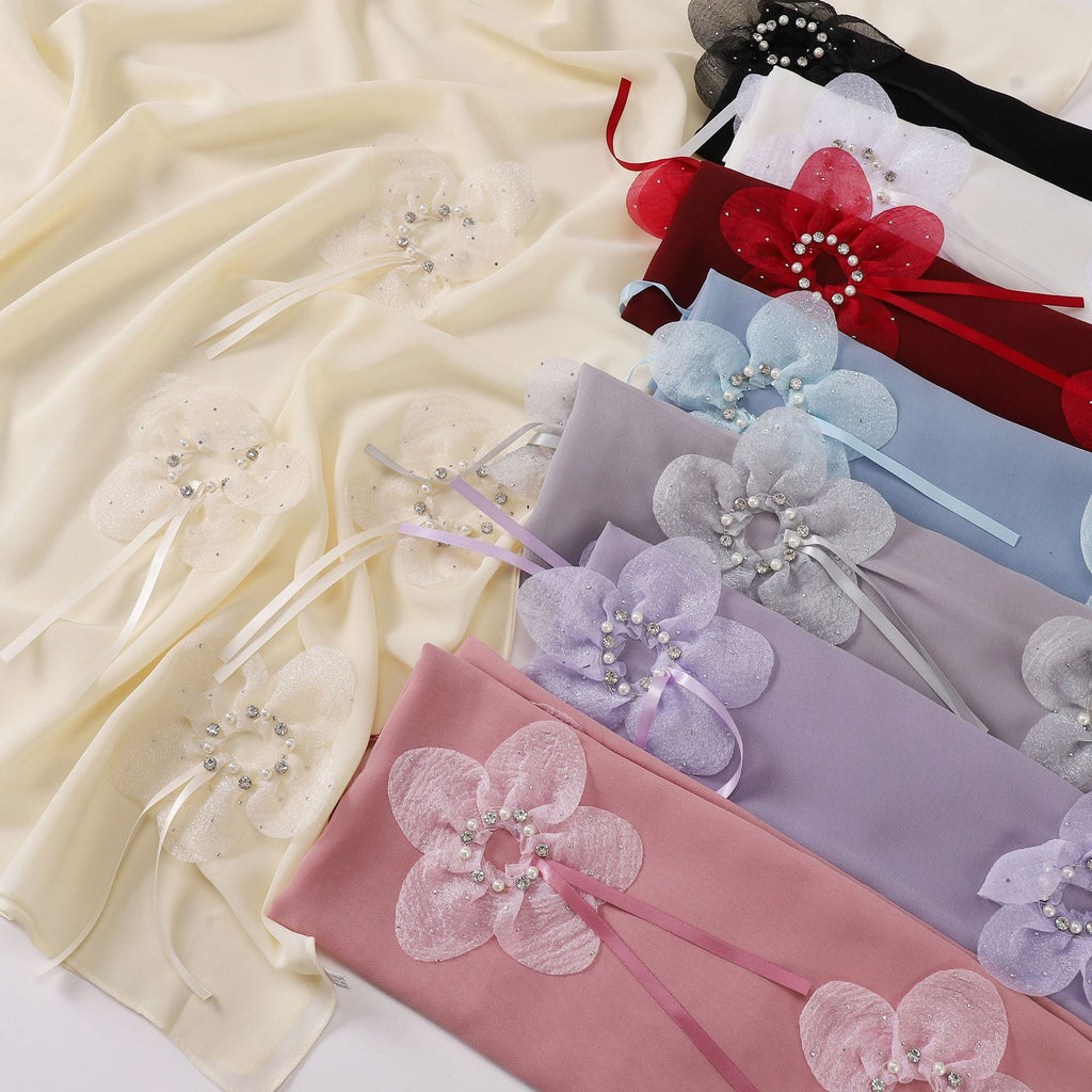 New Pearl Chiffon Handmade Sticky Flower Bead Nailed Drill Long Towel Yarn Middle East Malay Headscarf