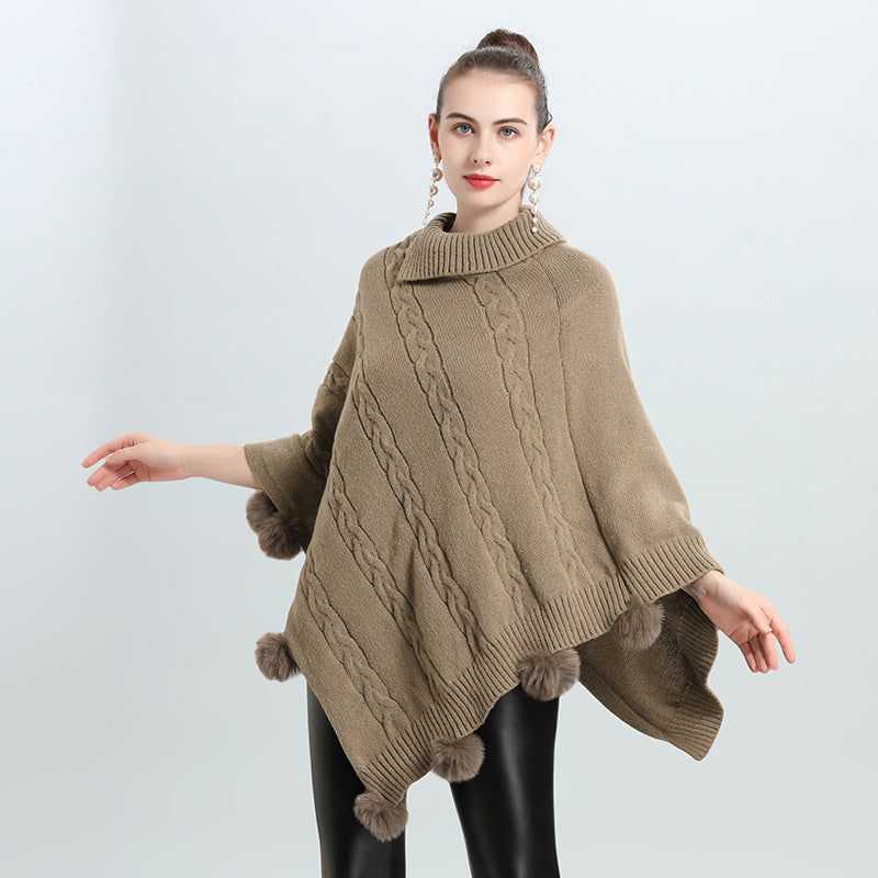 Hot European and Korean autumn and winter new loose jacquard hairball pullover knitted sweater cape shawl 0937 #