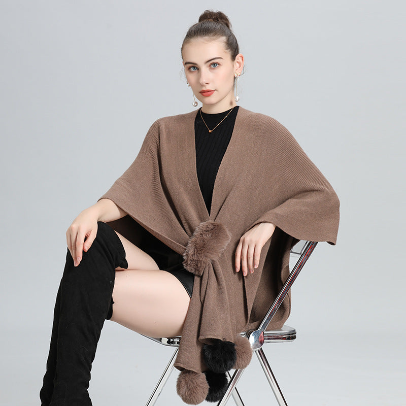 Europe, America autumn and winter new hairball knitted cardigan multi-purpose shawl top women's large size coat 0971