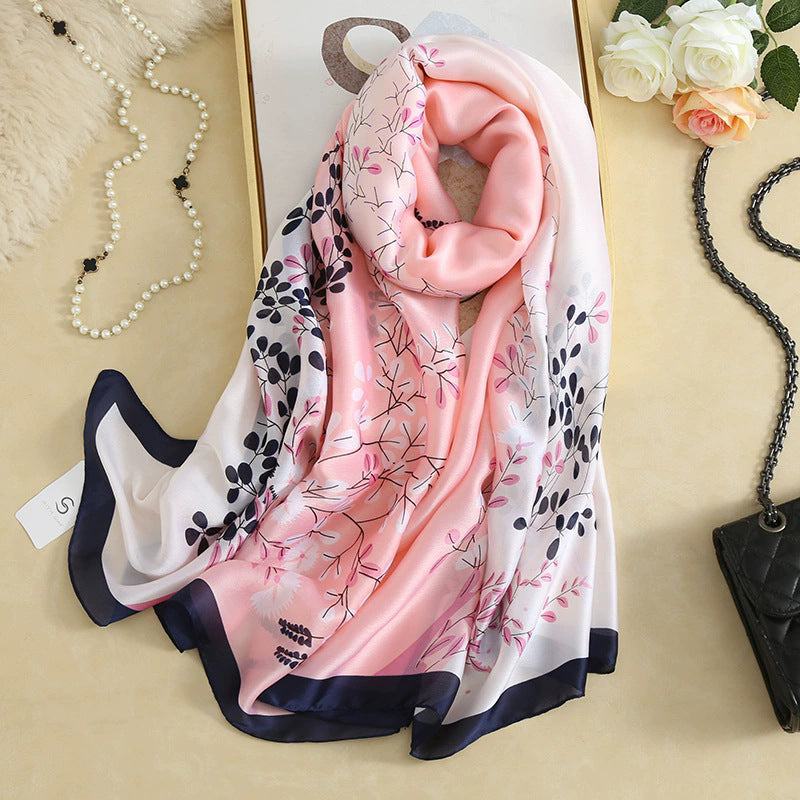 Fashion versatile color matching plant flower simulation silk printing long silk scarf, temperament women's vacation sunscreen