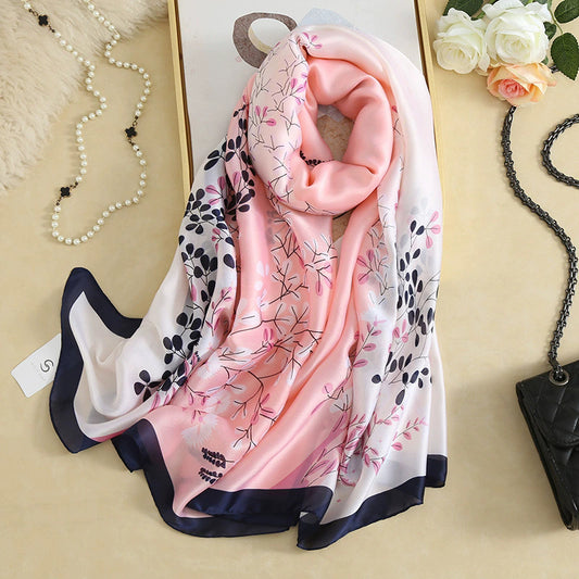 Fashion versatile color matching plant flower simulation silk printing long silk scarf, temperament women's vacation sunscreen