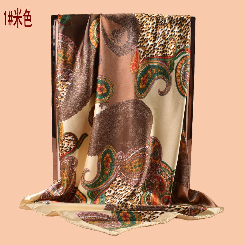 2025 new 90cm-color diced cashew nut leopard print square scarf with sunscreen, head silk scarf decorative scarf