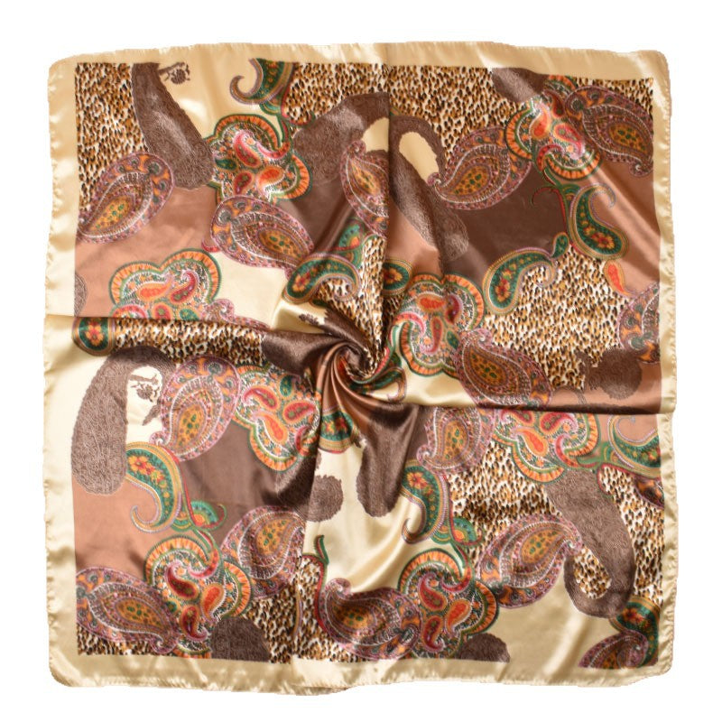 2025 new 90cm-color diced cashew nut leopard print square scarf with sunscreen, head silk scarf decorative scarf