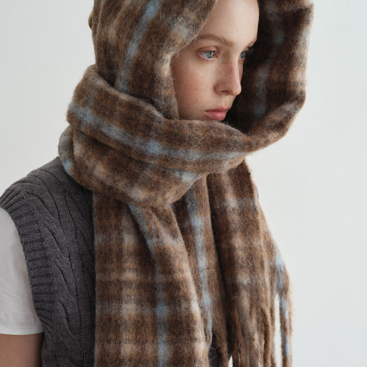 Wool blended coarse tassel plaid scarf women's autumn and winter increase lazy style Korean color matching shawl scarf