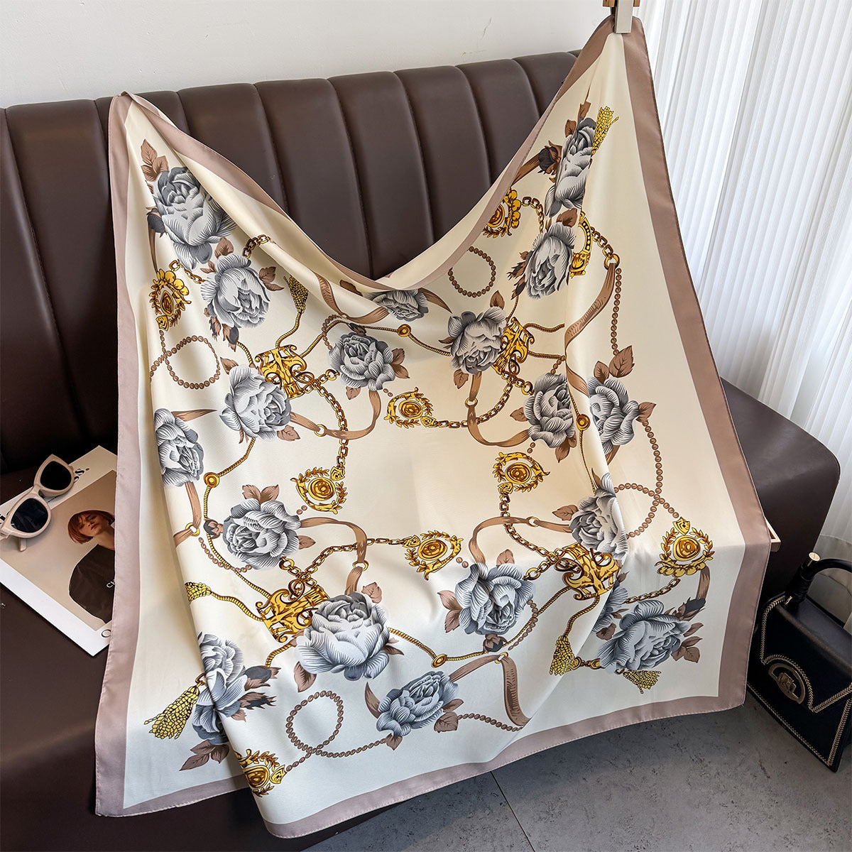 Korean version of premium camellia silk scarf 90cm twill silk scarf new chain large square scarf sunscreen shawl headscarf women