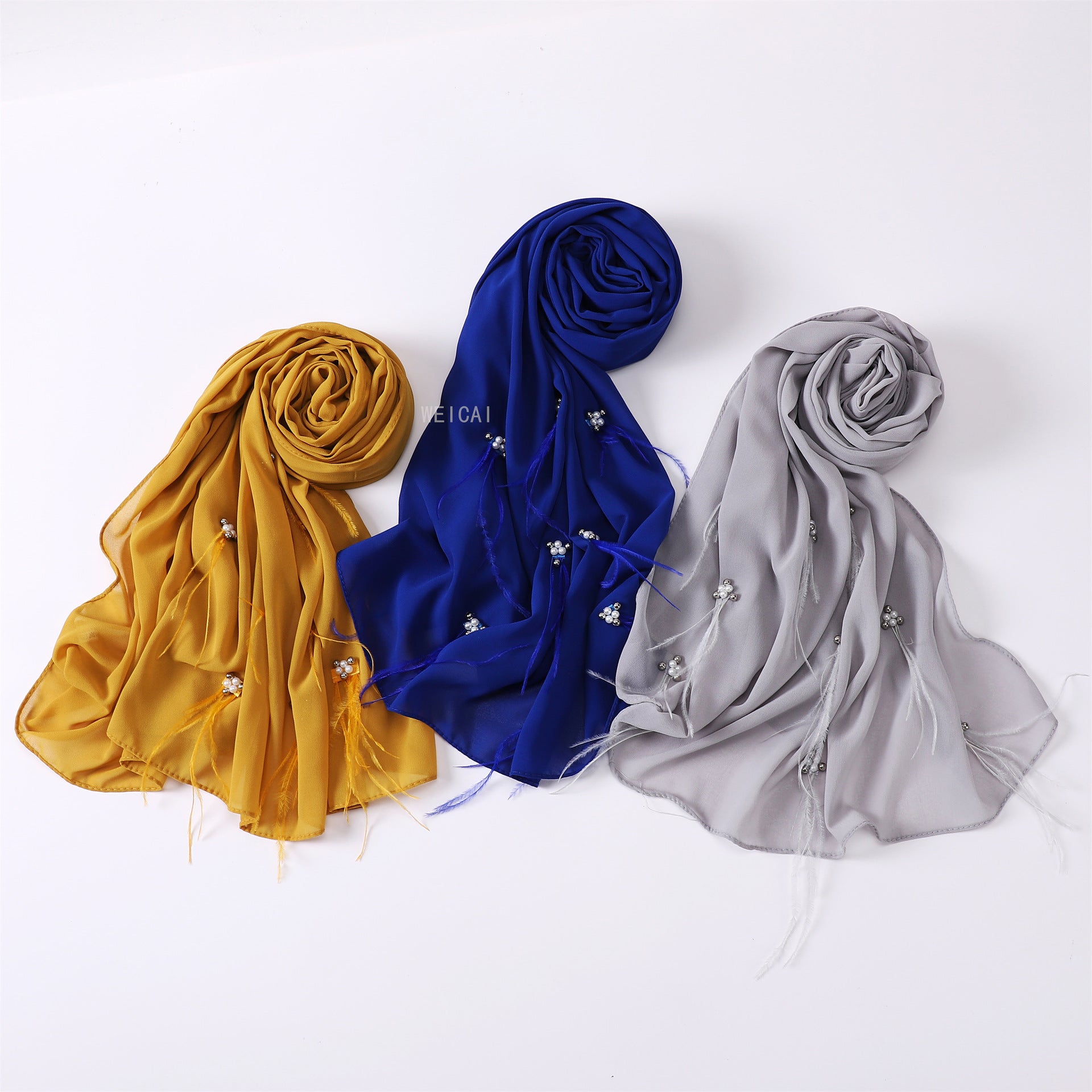 Fashion new pearl chiffon headscarf malay indonesia beaded ostrich hair scarf hijab