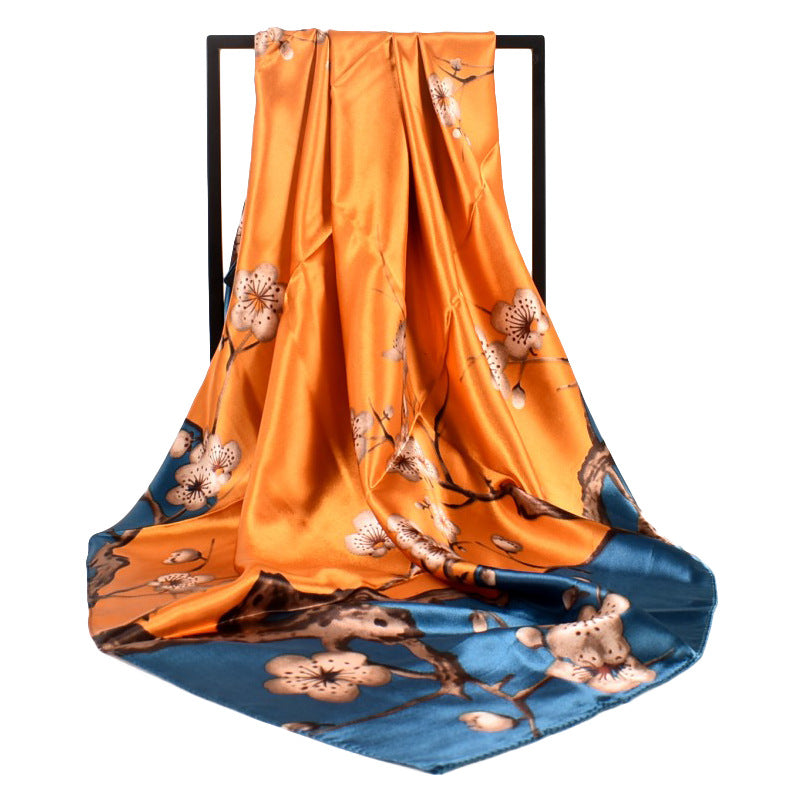 New sweet and fashionable plum blossom flower satin 90cm large square scarf women's silk scarf scarf