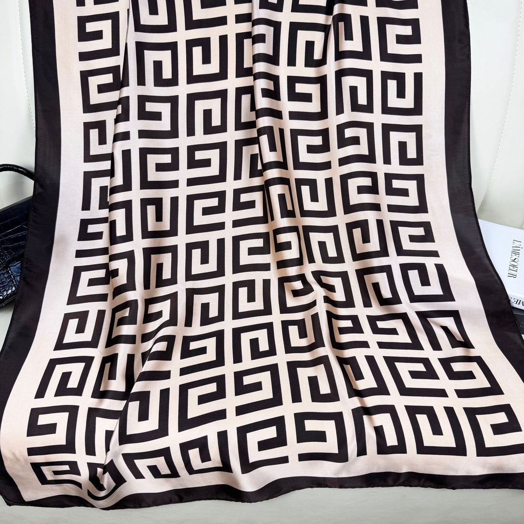 Simple and versatile geometric back-shaped brocade long printed silk scarf, spring and summer women's travel vacation sunscreen shawl