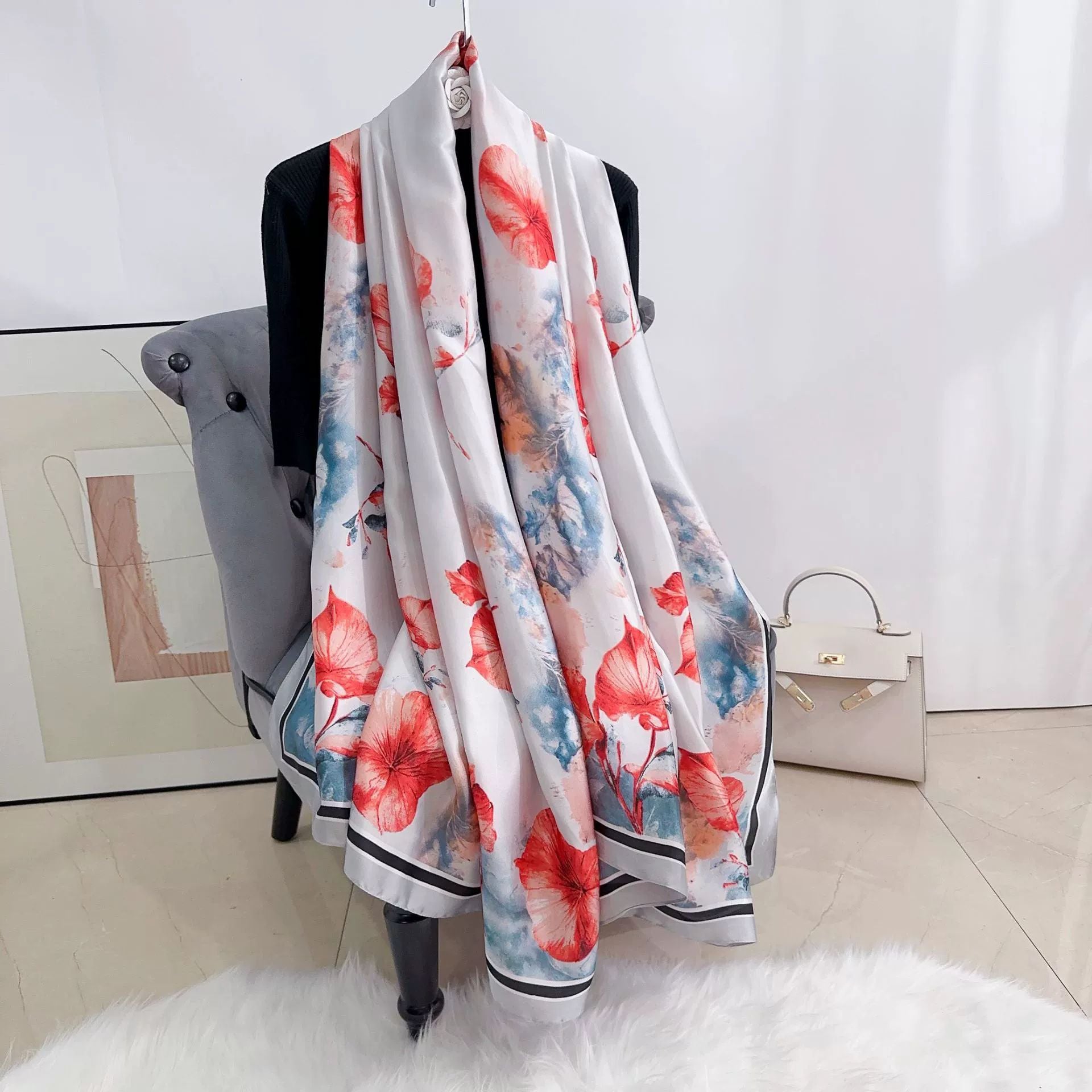 Stylish and elegant plant flower flower print long silk scarf, sweet and fresh literary girl with shawl