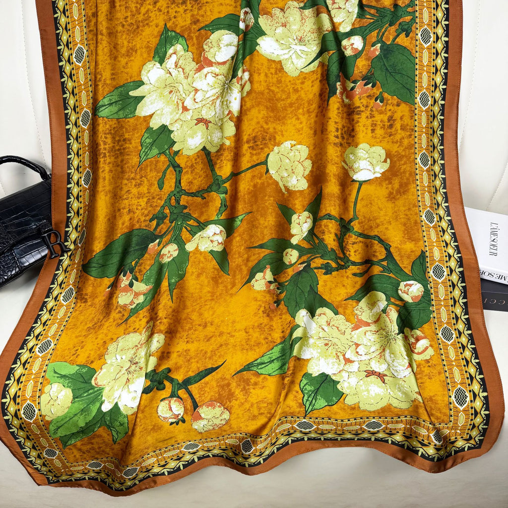 Literary retro fashion versatile brocade long printed silk scarf, simple and elegant temperament women's vacation shawl