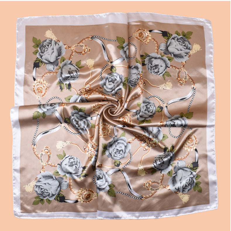 2025 new 90-color beautiful chain flower printing square scarf with sunscreen, bag head silk scarf decoration, scarf