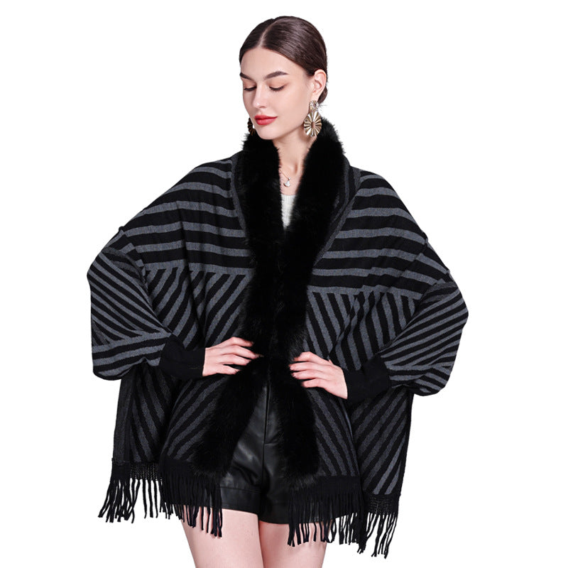 European and American autumn and winter new fashion striped fringed knitted shawl cape versatile cape outer scarf shawl 1233