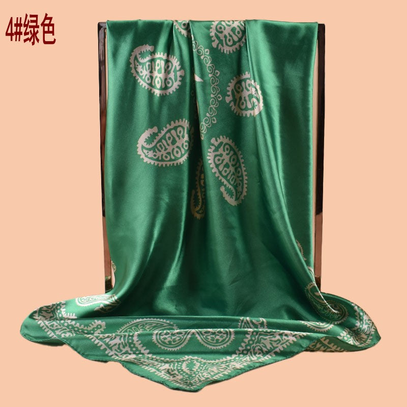 2025 new 90cm-color simple cashew flower printing square scarf with sunscreen, bag head silk scarf decoration, scarf