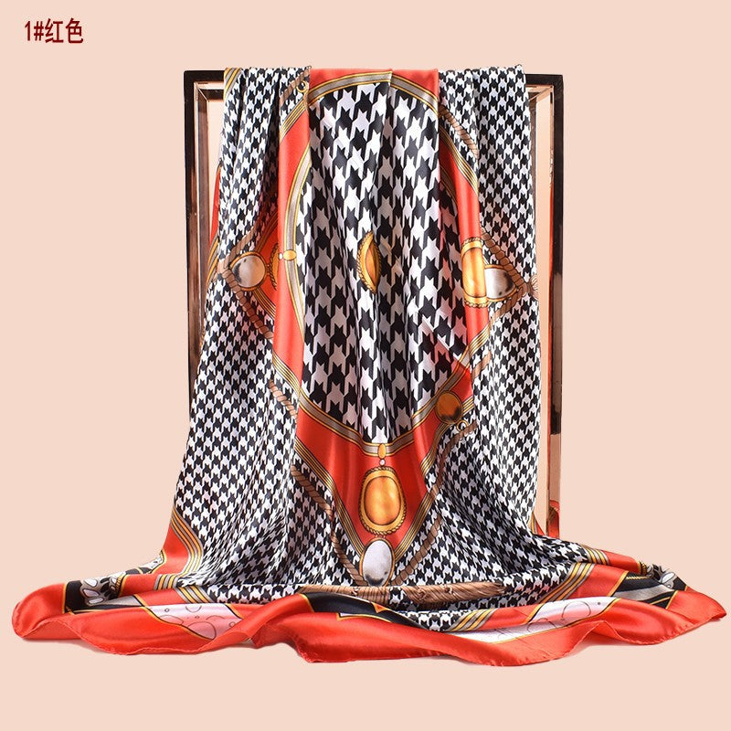 Spring new large shawl simulation silk thousand bird grid printing silk scarf head scarf 90-color diced large square scarf