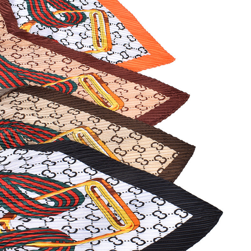 New French chain ring pattern printed pleated 90-color large square towel, head towel simulation silk