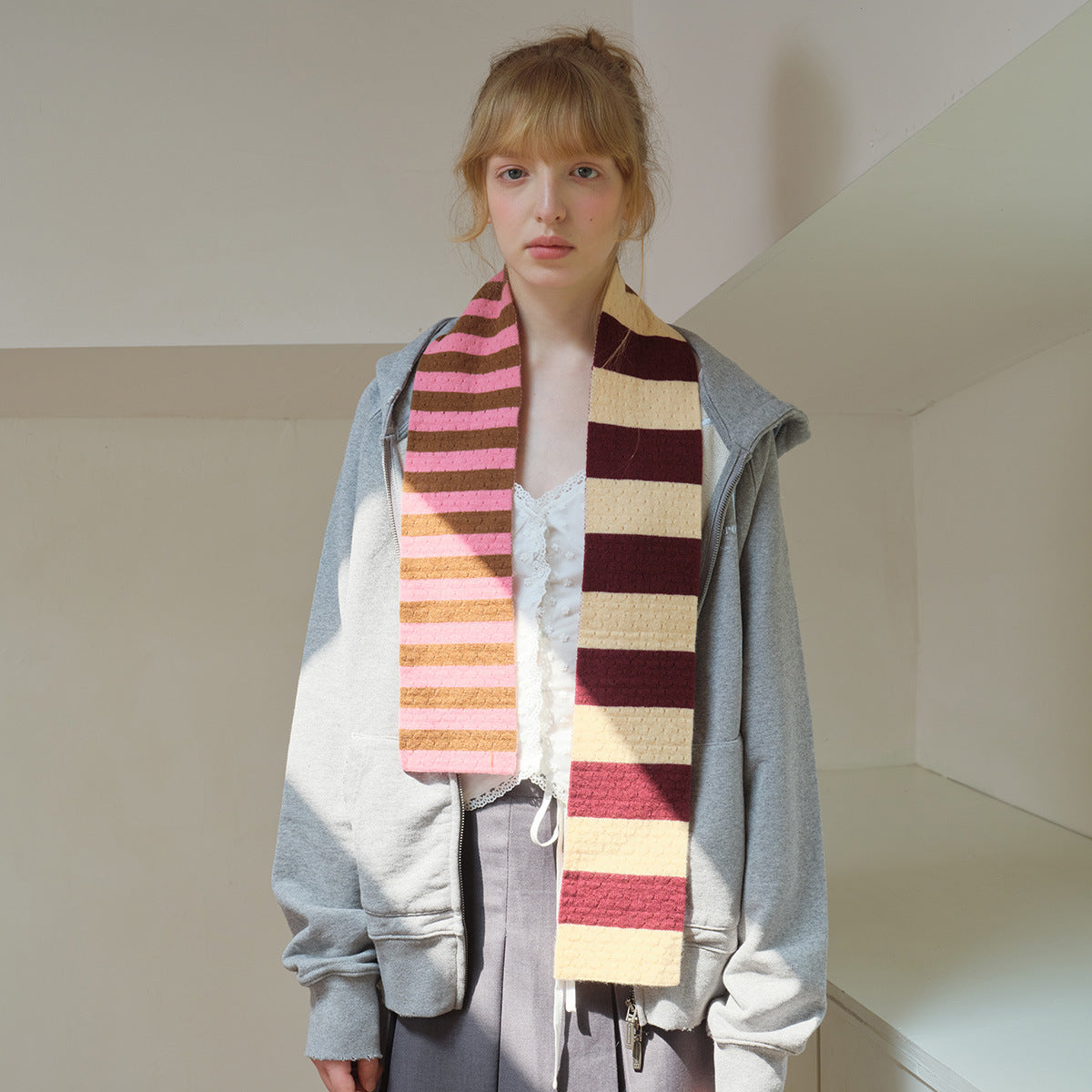 Selected 100% High Count Merino Wool Splicing Striped Scarf Women's Autumn and Winter Narrow Girly Scarf