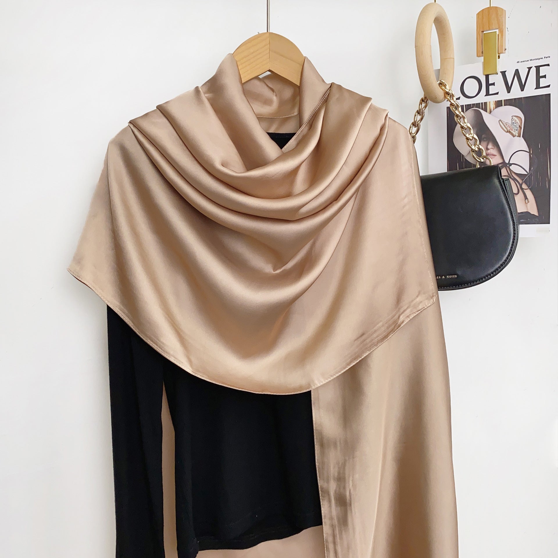 Simple and versatile monochrome solid color new silk satin long silk scarf headscarf, elegant temperament women's vacation shawl