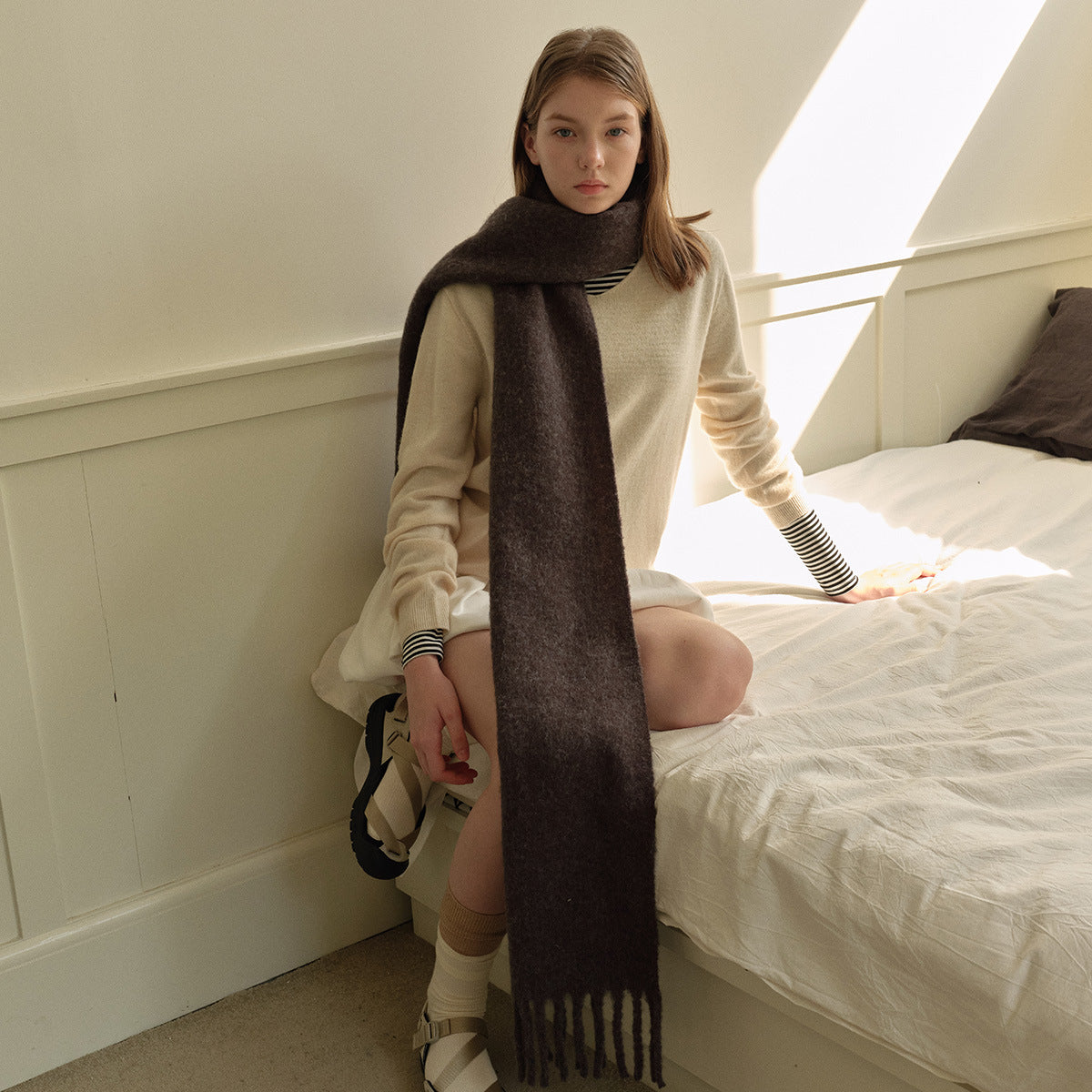 New mint green snow bud powder flat for solid color 20% wool blend scarf women's winter soft atmosphere scarf