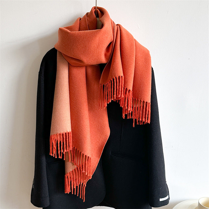 Simple solid color imitation cashmere scarf men's and women's winter thickened warm double-sided two-color versatile fringed shawl core-spun yarn