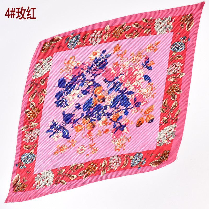 Summer new fashion retro flower pleated 90 satin large square scarf silk scarf imitation silk scarf