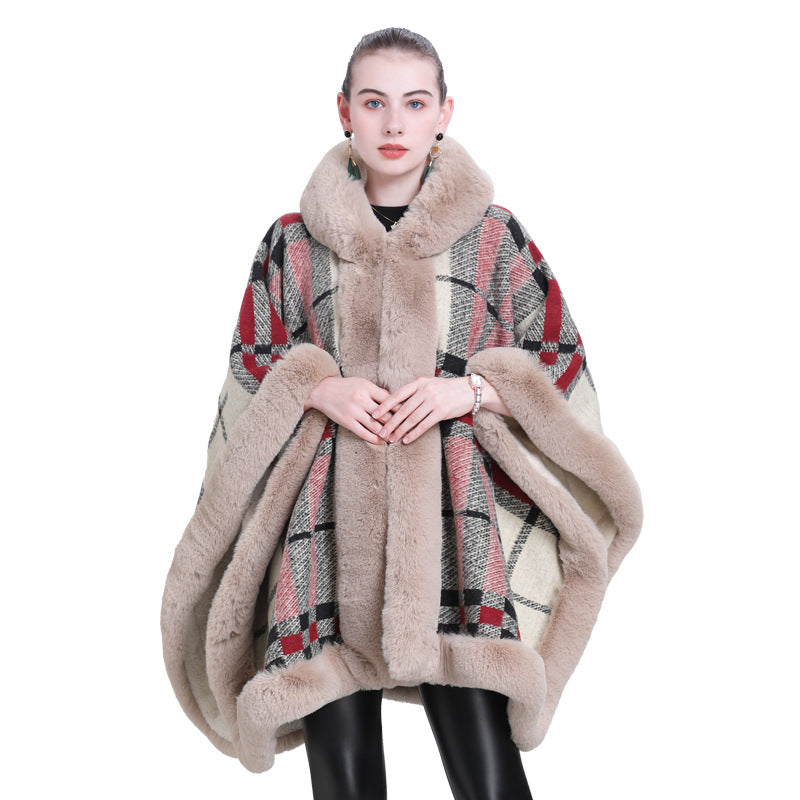 European and Korean autumn and winter new cape shawl fleece thickened plaid fur collar hooded knitted shawl scarf shawl 0992