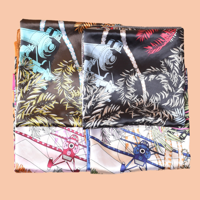 New 90cm satin jungle aircraft printed square scarf with sunscreen, head silk scarf decoration, scarf
