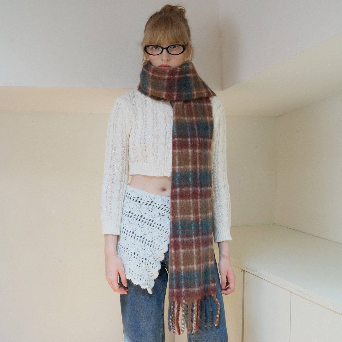6% mohair 40% wool retro plaid scarf women's winter millennium retro soft vibe scarf
