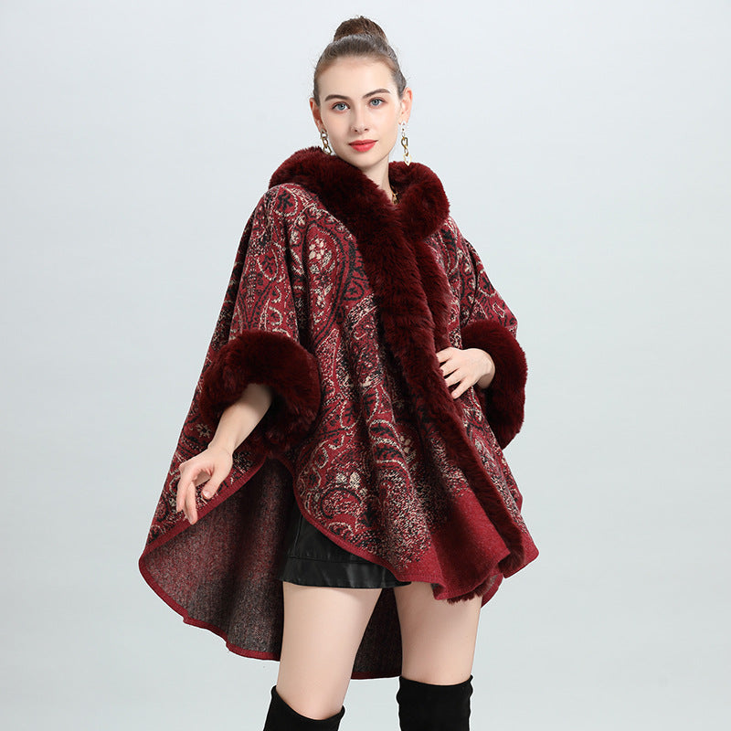 1400 European and American autumn and winter new hooded shawl cape women's imitation fox fur collar versatile woolen coat