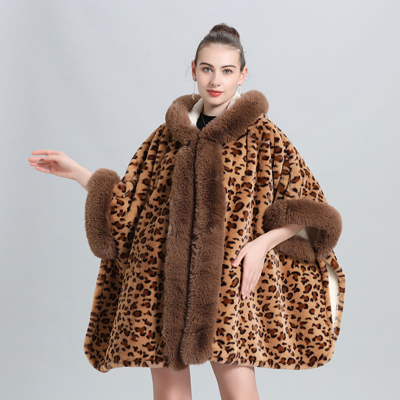 Cloak shawl piled thickened fur collar fringed knitted shawl large size woolen coat 0961 #