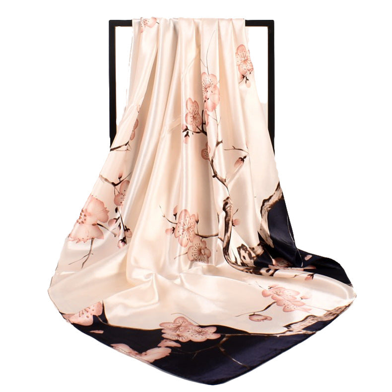 New sweet and fashionable plum blossom flower satin 90cm large square scarf women's silk scarf scarf