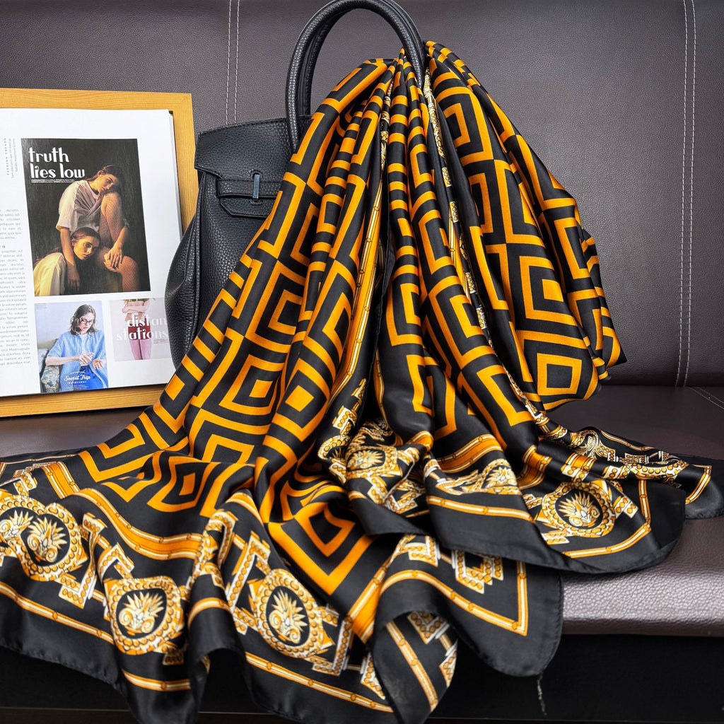 Spring new fashion versatile geometric return-shaped outer silk scarf, imitation silk women's travel and vacation sunscreen shawl