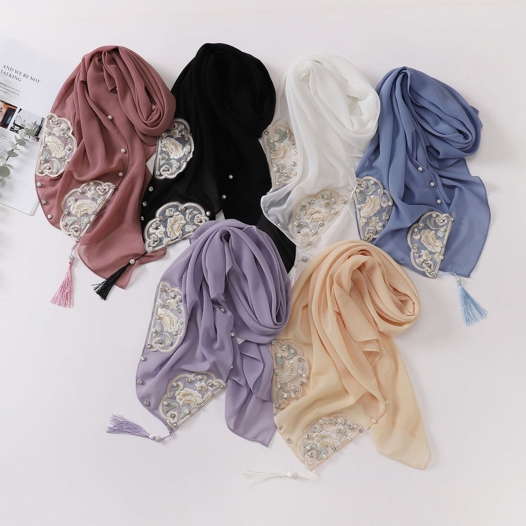 New pearl chiffon national style embroidered square scarf high-grade diamond fringed yarn