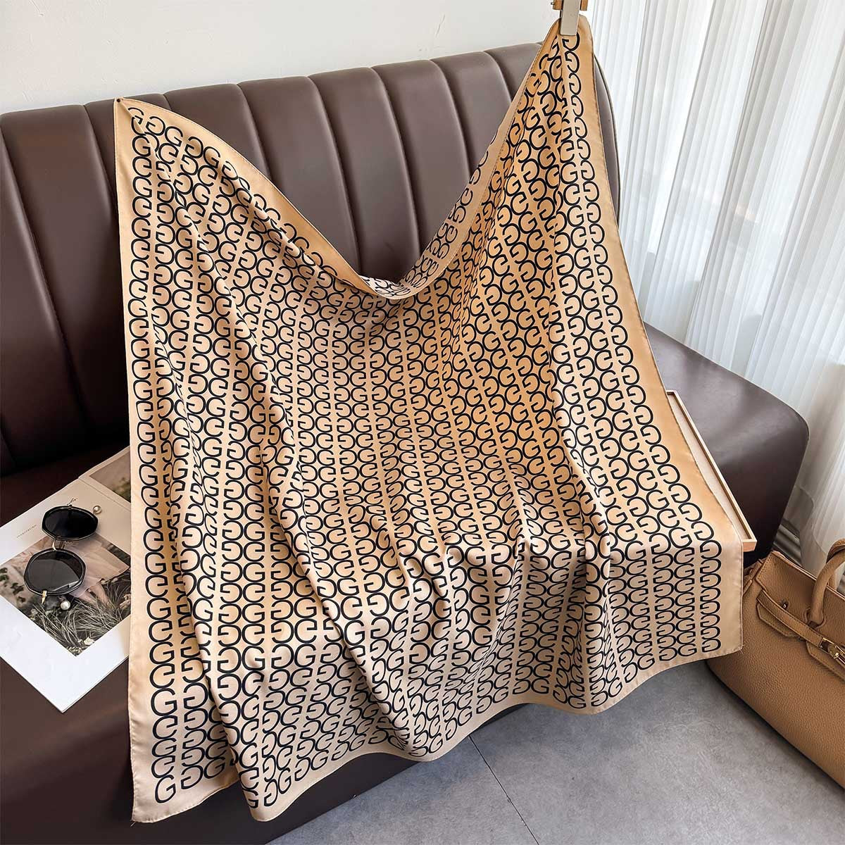 French light luxury letter simple silk scarf 90cm twill scarf new versatile square scarf sunscreen shawl headscarf summer