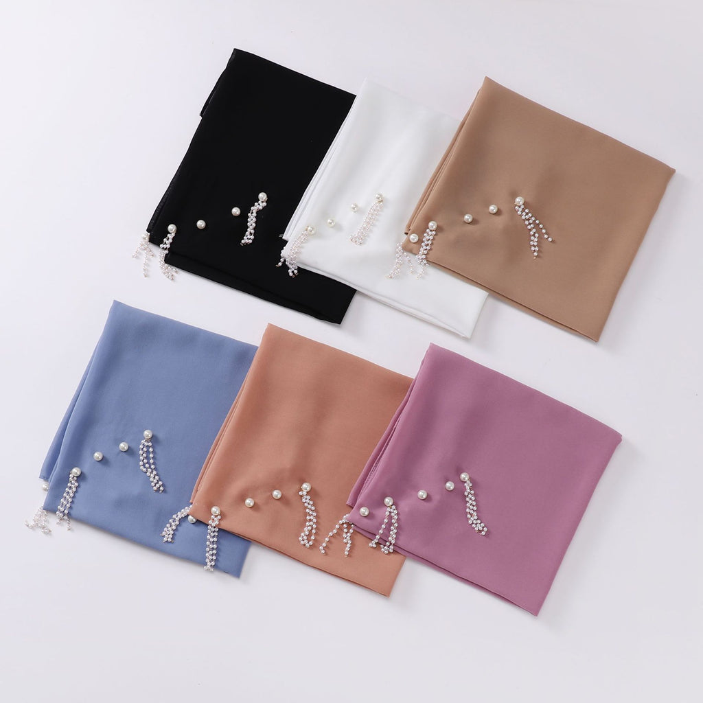 New Pearl Chiffon Bead Chain Scarf  Sweet and Fresh Head Scarf 90CM Square Scarf