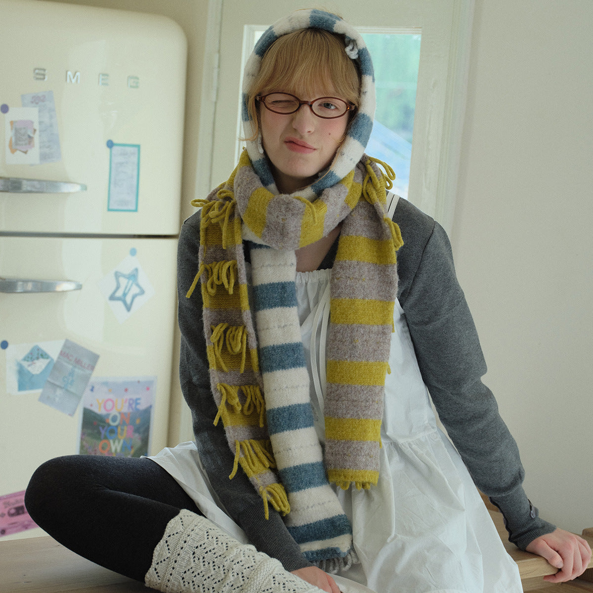 Handmade rope wool blended striped sausage scarf women's autumn and winter personality matching millennial fine and narrow knitted scarf