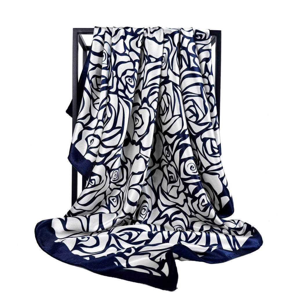 Elegant temperament women's decorative scarf, imitation silk satin plant flower flower printed silk scarf, bag head square scarf