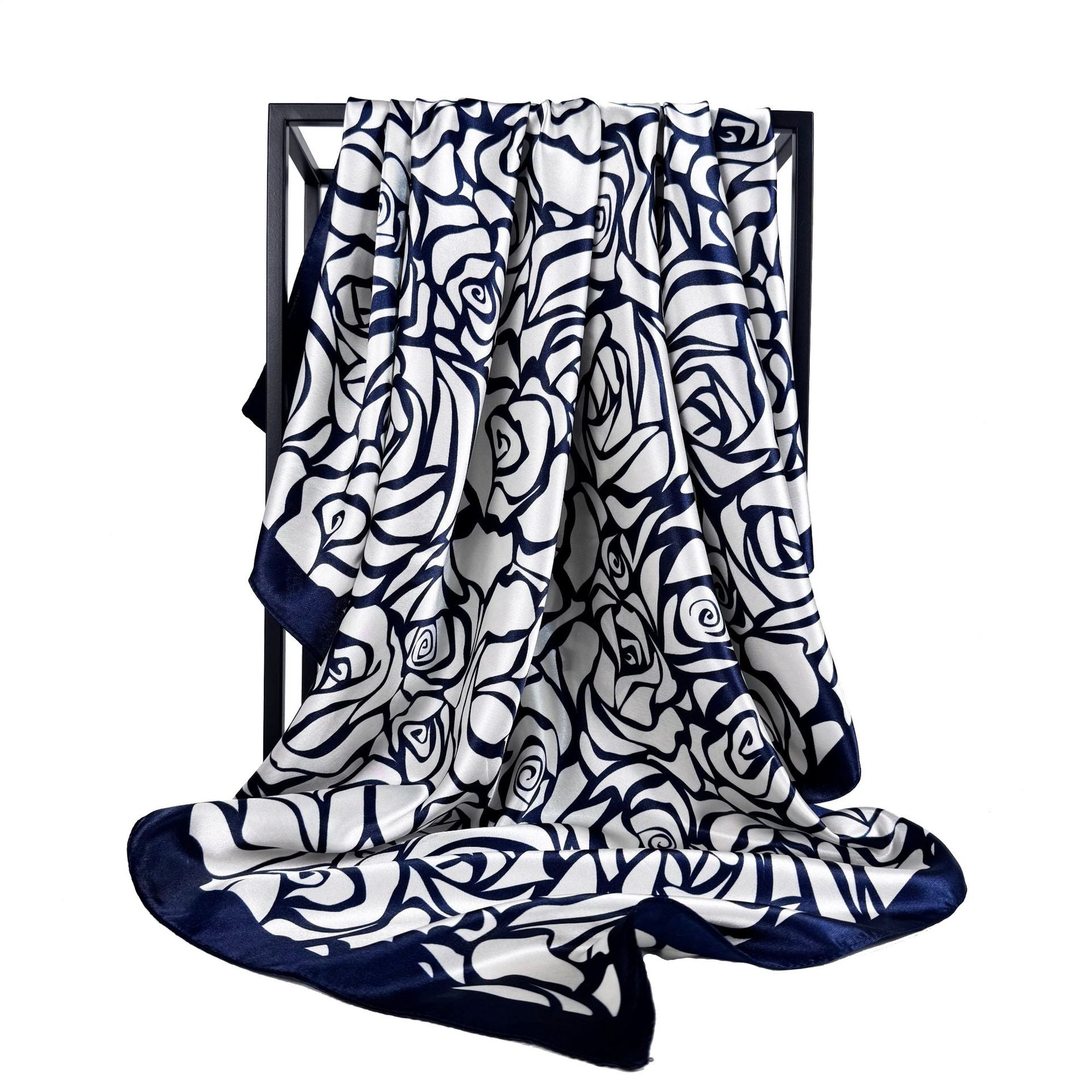 Elegant temperament women's decorative scarf, imitation silk satin plant flower flower printed silk scarf, bag head square scarf